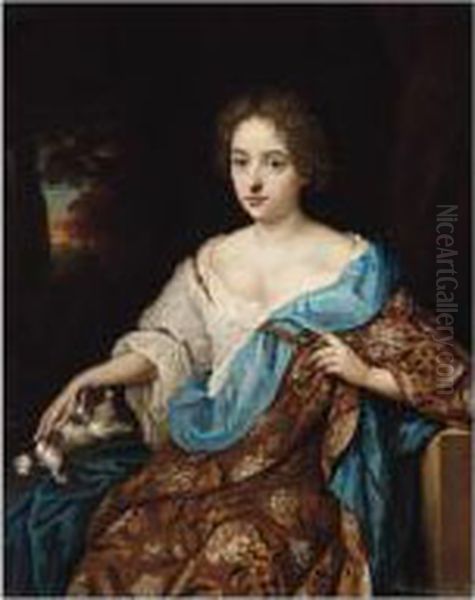 Portrait Of A Lady, Three 
Quarter Length, Seated, Wearing A Brown Embroidered Dress And Blue 
Mantle, With Her Pet Dog Oil Painting by Constantin Netscher