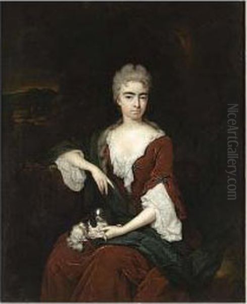 A Portrait Of A Lady, Believed 
To Be Of Lady Elisabeth Noel, Countess Of Portland (1688-1736/7), 
Seated Three Quarter Length, Wearing A Dark Red Velvet Dress And A 
Blue Shawl, Holding A Lapdog Oil Painting by Constantin Netscher