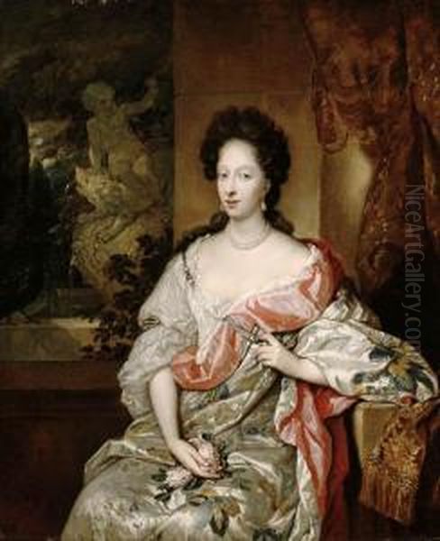 Portrait Of A Lady, Seated 
Three-quarter Length By A Casementbefore A Fountain, Holding A Posy Of 
Roses In Her Lap Oil Painting by Constantin Netscher