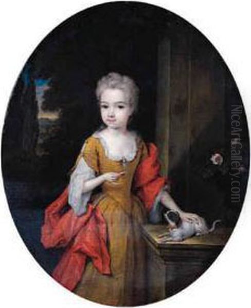 Portrait Of Henriette Bentinck 
(1705-1792), Later Countess Of Clanbrassill, Standing Small 
Three-quarter Length, On A Terrace,wearing A Yellow Silk Dress, Lace 
Chemise And Red Wrap, Holding Abiscuit In Her Right Hand, Her Left Hand 
Resting On Her  Oil Painting by Constantin Netscher