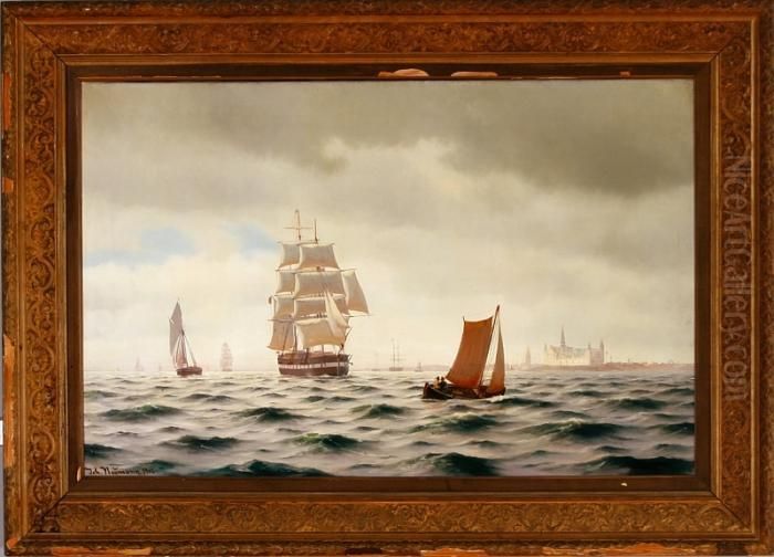 A Marine With Sailing Ships 
Along The Coast Of Elsinore Castle, Denmark. Signed And Dated Joh. 
Neumann 1902 Oil Painting by Carl Johan Neumann
