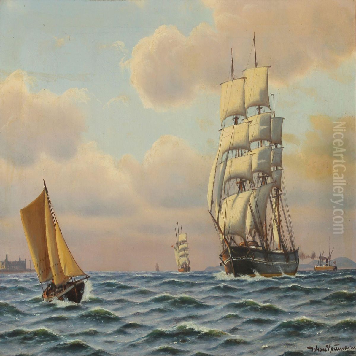 Seascpe With Sailing Ships Outside Kronborg Oil Painting by Johann Neumann