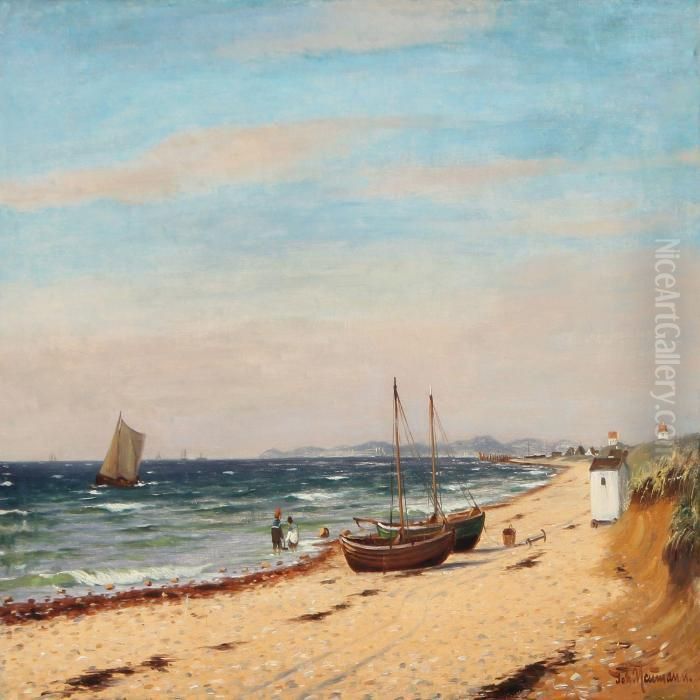 Seashore With Several Sailing Ships In The Front Playingchildren And Boats On The Shore Oil Painting by Johann Neumann