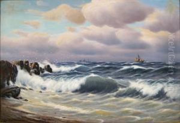 'skibe For Klippekyst Antagelig Kullen' (ships At Sea) Oil Painting by Johann Neumann