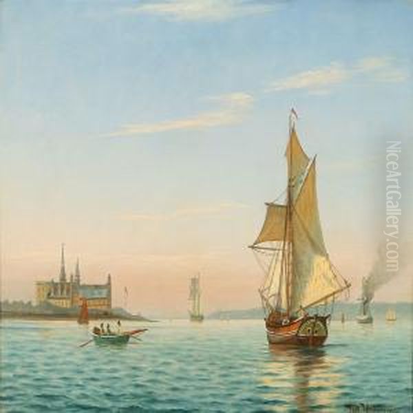 Marine With Sailing Ships Near Elsinor Castle Oil Painting by Johann Neumann