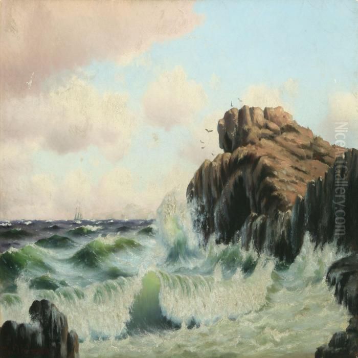 Coastel Scenery Withsailing Boat In The Horizon Oil Painting by Johann Neumann