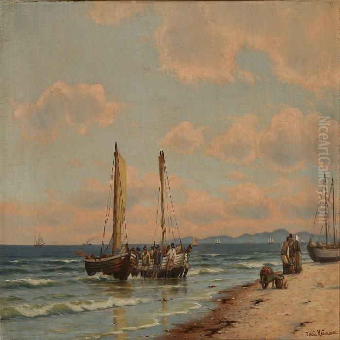 Coastal Scene With Fishermen Pulling Their Boats Ashore Oil Painting by Johann Neumann