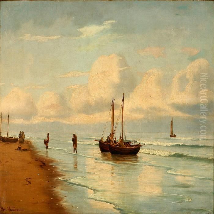 Early Morning Coastal Scene With Fishermen Oil Painting by Johann Neumann