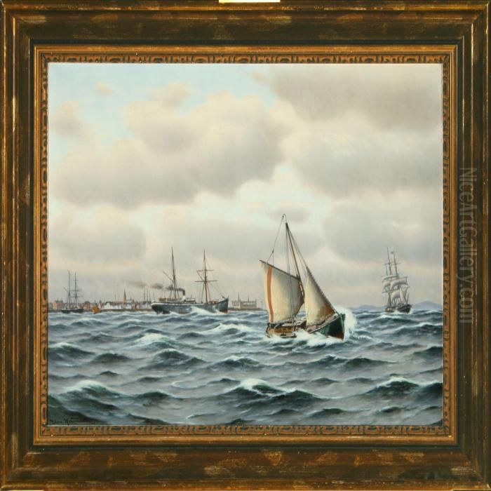 Ships On The Sound Athelsingor Oil Painting by Johann Neumann