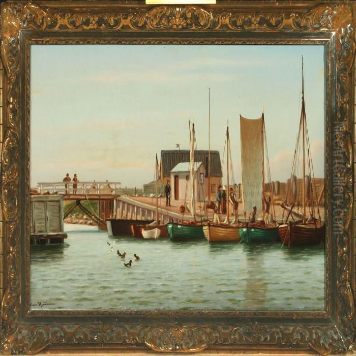 Harbour With Smallsailing Ships Oil Painting by Johann Neumann