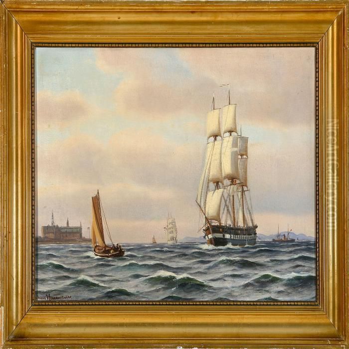 Fregatten Jylland Staaer Sundet Ud Oil Painting by Johann Neumann