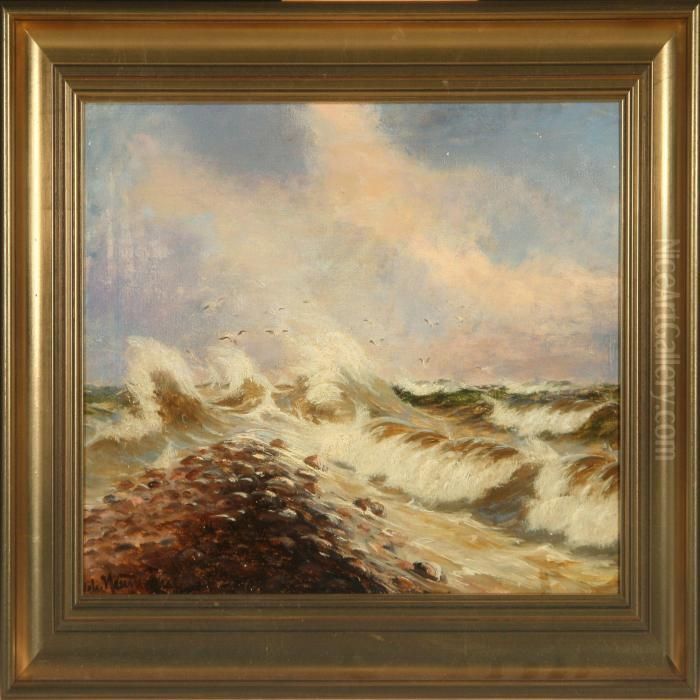 Coastal Scenery With Breakin Waves And Flying Seagulls Oil Painting by Johann Neumann