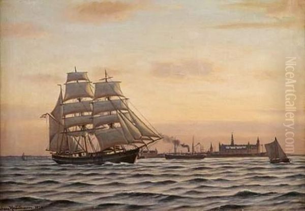 Voiliers Au Coucher Du Soleil Oil Painting by Johann Neumann