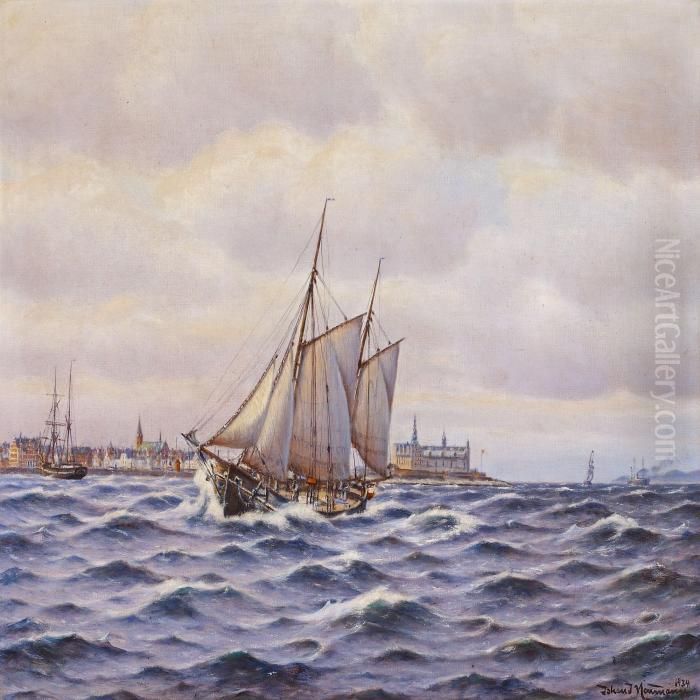 Sailing Boats On Thecoast Of Helsingor, Kronborg Castle In The Background Oil Painting by Johann Neumann