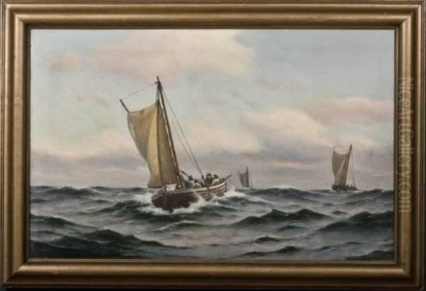 Johan Neumann, Danish Fishermen At Sea Oil Painting by Johann Neumann