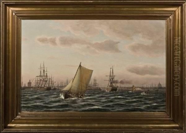 Johan Neumann, Danish Busy Dutch Port Oil Painting by Johann Neumann