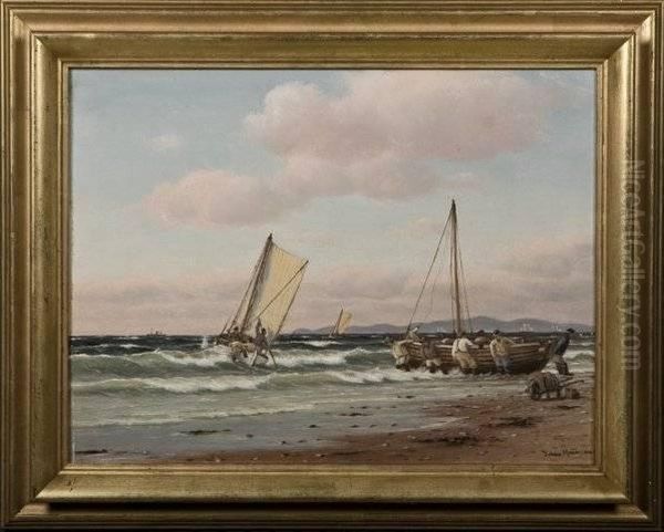 Johan Neumann, Danish Fishermen Going Oil Painting by Johann Neumann