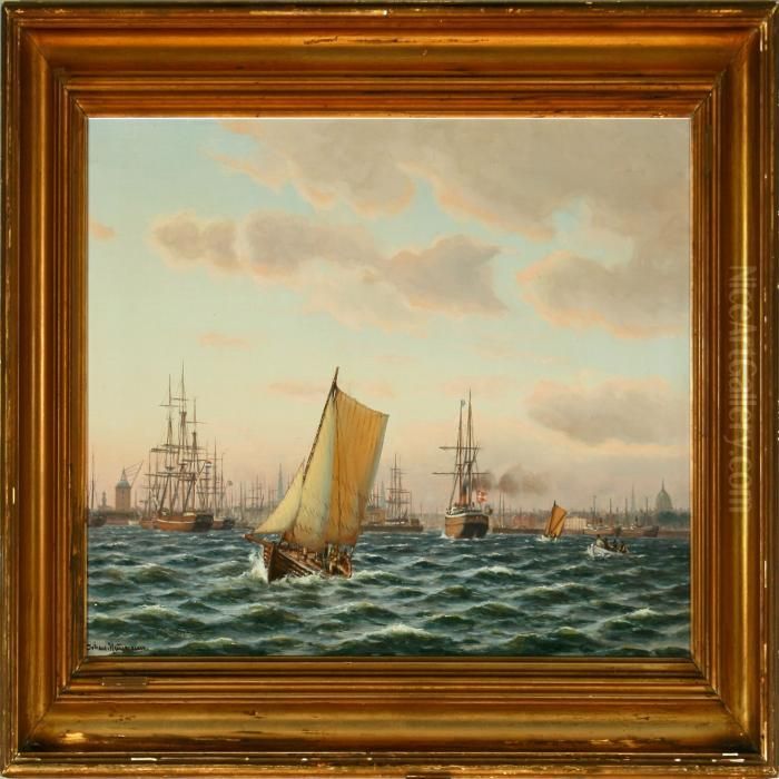 An Evening Harbour Scenery From Copenhagen Oil Painting by Johann Neumann