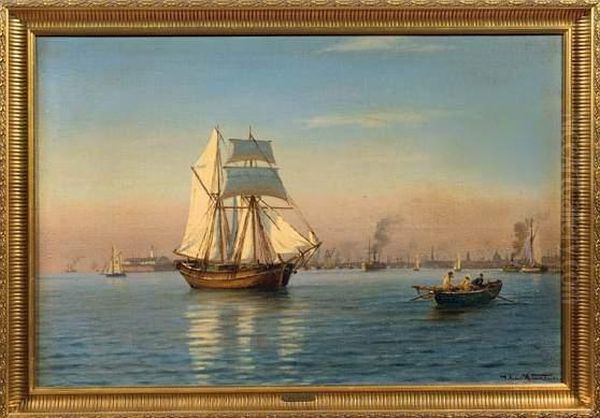 Voilier Au Coucher Du Soleil Oil Painting by Johann Neumann