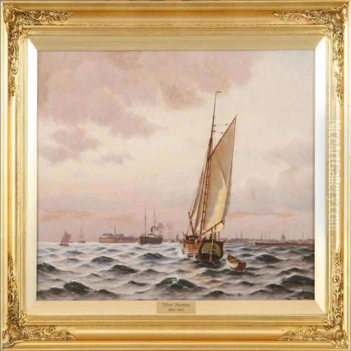 Seascape With Ships Off The Coast Of Copenhagen. Signed Johan Neumann Oil Painting by Johann Neumann