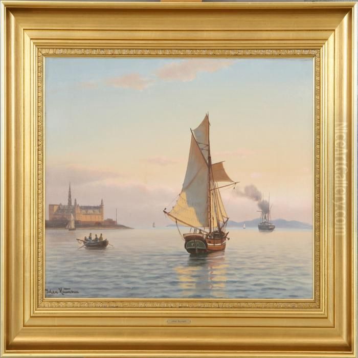 Ships At A Calm Sea By Kronborg. Signed Johan Neumann Oil Painting by Johann Neumann