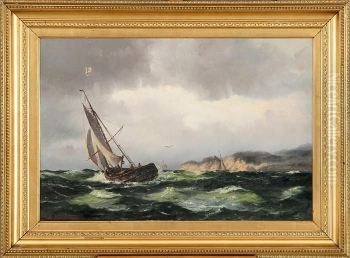 Seascape With Ships In A Stormy Weather Oil Painting by Johann Neumann