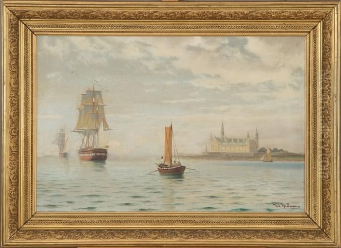 Ships And Fishermen Passing Kronborg Oil Painting by Johann Neumann