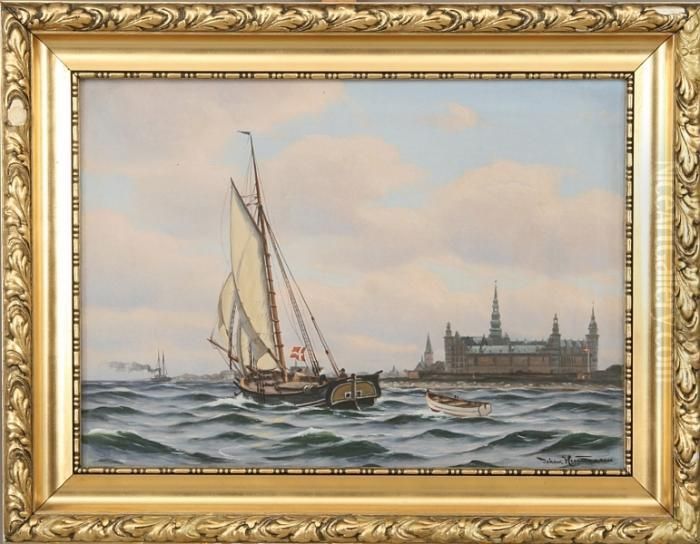 Seascape, In The Background Kronborg Castle Oil Painting by Johann Neumann