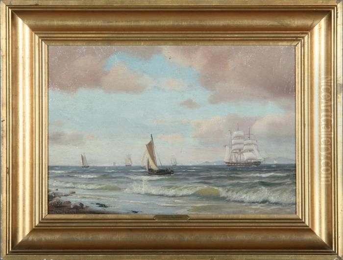 Coast With Several Sailing Ships At The Sea Oil Painting by Johann Neumann