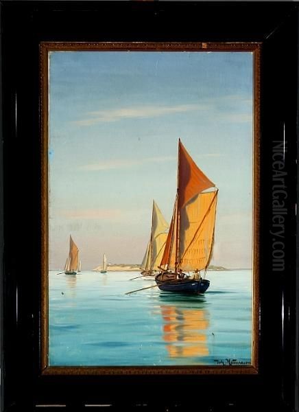 Coastal Scenery With Sailing Boats In The Evening Sun Oil Painting by Johann Neumann