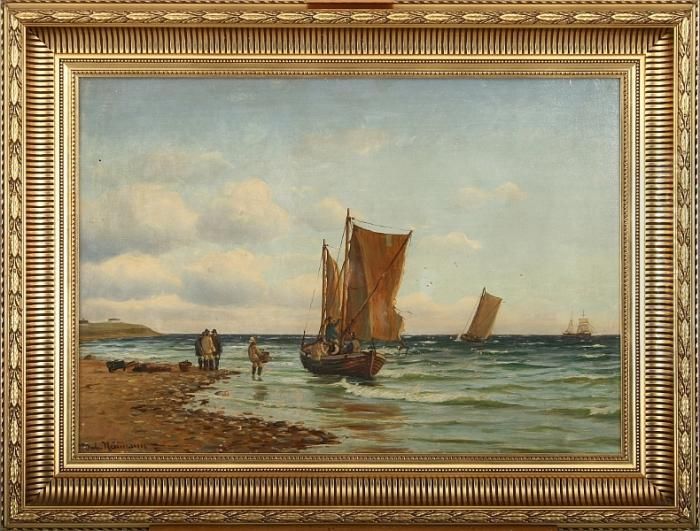 Costal Scenery With Boats And Persons Oil Painting by Johann Neumann