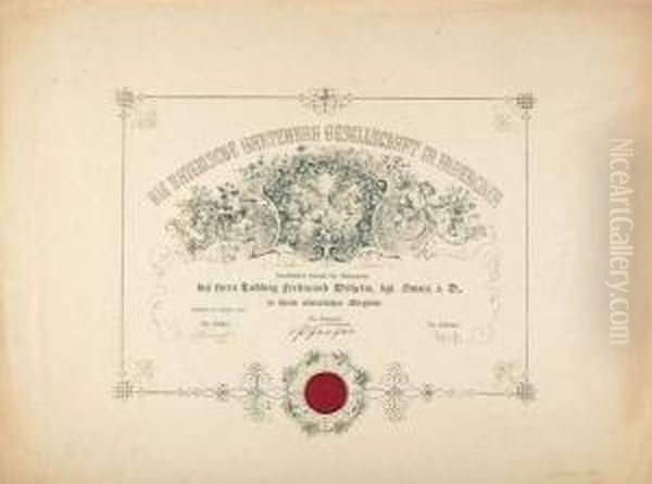2 Bll.: Aufnahmeurkunden In Den 
Munchener Turnverein Und Die Bayerische Gartenbaugesellschaft In 
Munchen. Oil Painting by Eugen Neureuther