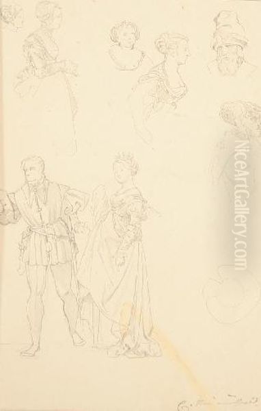 Studienzeichnungen Mit Einem Konigspaar Oil Painting by Eugen Neureuther