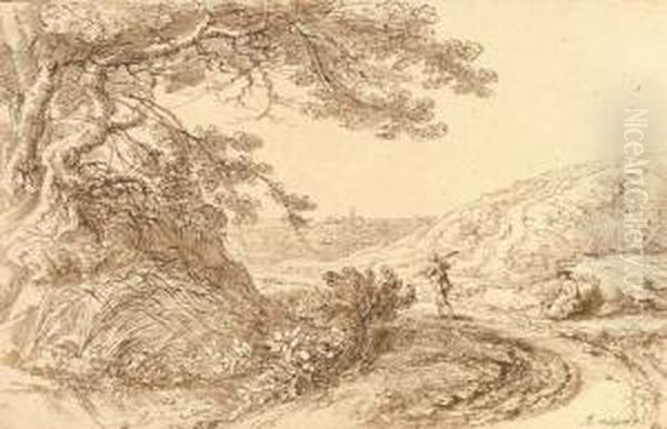 A Landscape With A Large Tree 
Overhanging A Track, A Traveller And A Seated Woman To The Right Oil Painting by Gillis Neyts