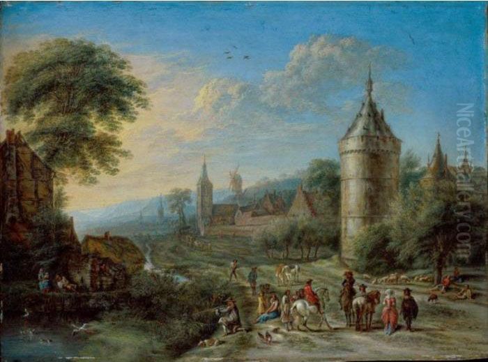 Village Scene With Cavaliers And
 Elegant Figures Conversing In The Foreground A 
Hunter Shooting Duck On A Pond Oil Painting by Gillis Neyts