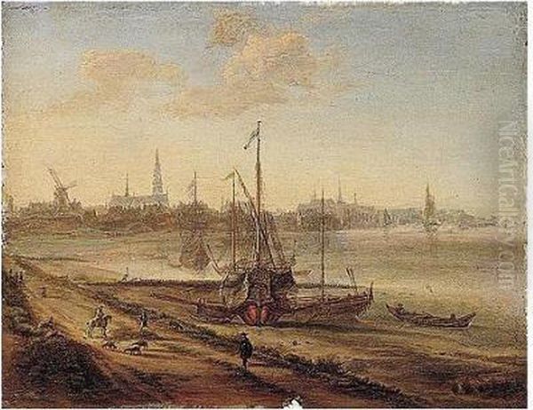 The Estuary Of The Schelde With A
 Mediterranean Galley Beached, And A Distant View Of Antwerp Oil Painting by Gillis Neyts