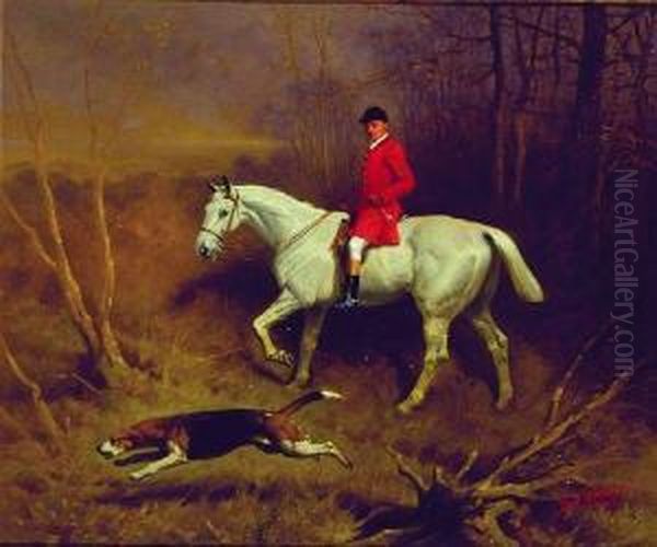 Huntsman On White Horse With Dog Oil Painting by Basil J. Nightingale