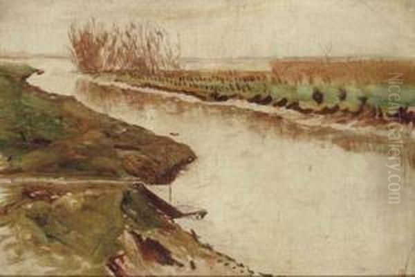 A Dutch Water Landscape Oil Painting by Dirk Nijland