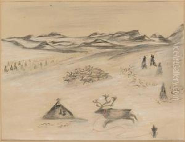 Renar Pa Fjallet Oil Painting by Nils Nilsson Skum