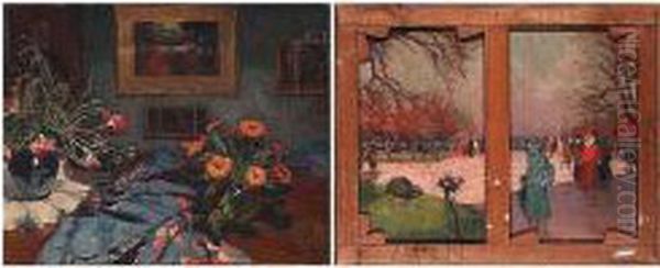 Still Life With The Artist's 
Paintings In The Background; Reverse With Ladies Promenading In The Park Oil Painting by Petr Alexandrovich Nilus