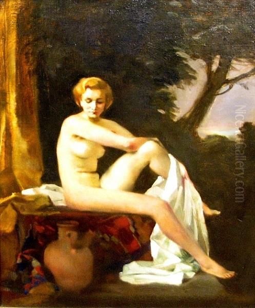 A Sitting Female Nude With A Landscape Beyond Oil Painting by Rudolf Nissl