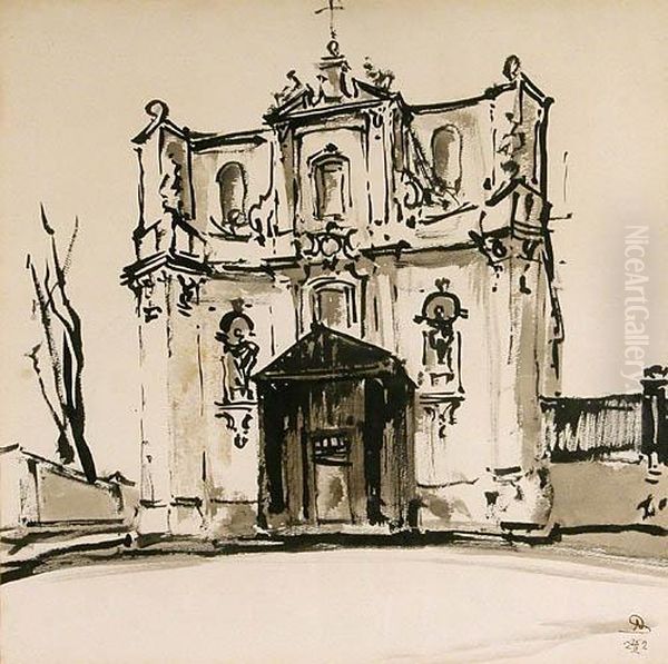 Fasada Rokokowego, Bezwiezowego 
Kosciola Z Drewniana Kruchta - Fantazja Architektoniczna, 1922 R. Oil Painting by Stanislaw Noakowski