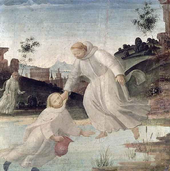 Scenes from the Life of St. Benedict- Maurus, on the instruction of St. Benedict, pulls Placidus from the lake, c.1488 Oil Painting by Bartolomeo Di Giovanni