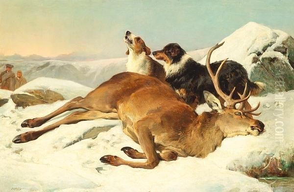 An Extensive Scottish Winter 
Landscape With A Dead Stag, Two Hounds And Figures Approaching Oil Painting by John Sargent Noble