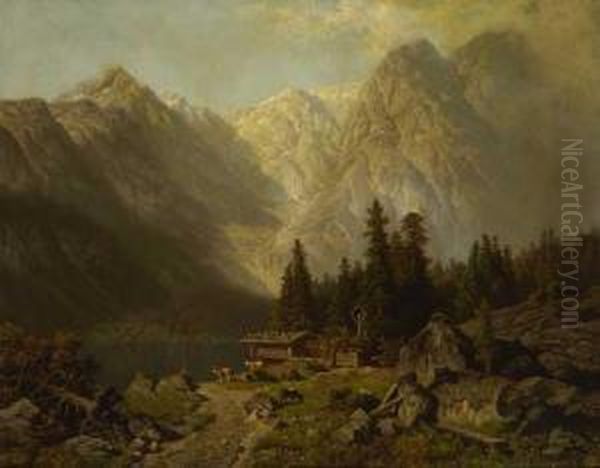 Hirte Mit Herde Am Ufer Eines Gebirgssees. Oil Painting by Wilhelm Theodor Nocken