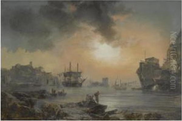 A Harbour Scene With Figures Cavorting In The Foreground And Shipsdocking Beyond Oil Painting by Noel, Alexandre Jean
