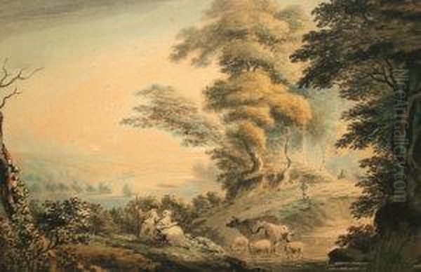 Figures In River Landscape With 
Cattle Watering; Watercolour,signed And Dated 1797, 20x30cm: Together 
With One Furtherwatercolour Depicting Pilgrims On A Rural Track By The 
Same Hand Oil Painting by Noel, Alexandre Jean