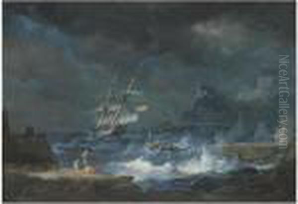 A Coastal Scene With Ships Weathering A Storm Oil Painting by Noel, Alexandre Jean