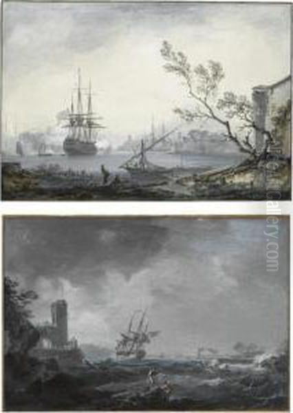 A Pair Of Marine Landscapes: 
Shipping In Stormy Waters And A Three-masted Ship Firing Near A Harbour Oil Painting by Noel, Alexandre Jean