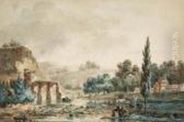 Paesaggio Con Rovine E Animali Al Guado Oil Painting by Noel, Alexandre Jean